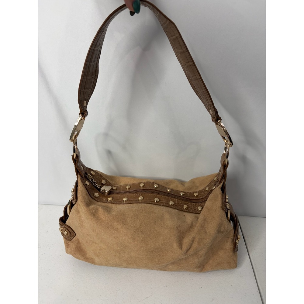 Kathy Van Zeeland Tan Faux Suede Croc Trim Studded Shoulder Hobo Bag Y2K Satchel